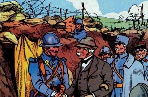 «Clémenceau va dans les tranchées voir les soldats». Illustration du manuel scolaire de Bernard et Redon <i alt=