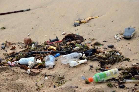 Déchets plastique sur la plage (îles Togian, Sulawesi Centre, Indonésie)