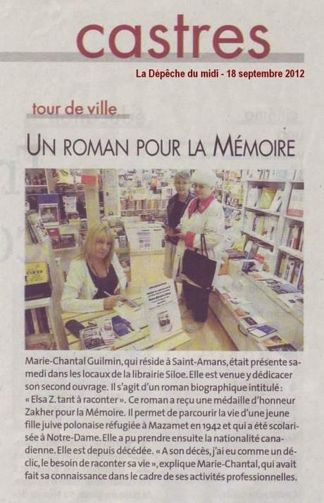 18 septembre 2012 : L’auteure Marie-Chantal Guilmin obtient un article de presse dans le quotidien La Dépêche du Midi, en France