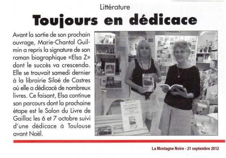 21 septembre 2012 : L’auteure Marie-Chantal Guilmin obtient un autre article dans le quotidien La Montagne Noire, en France