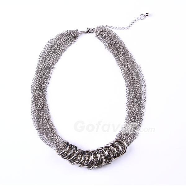Silver Tone Chunky Rhinestone&Circle Strand Necklace