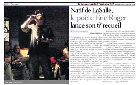 Le poète Éric Roger obtient un article dans Le Messager Lasalle