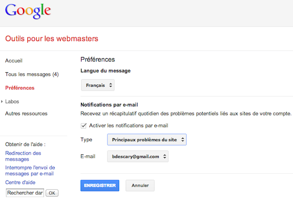 google outils pour webmaster Google Outils pour Webmasters vous notifie par mail lorsque votre site a un problème