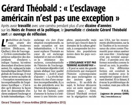 L’auteur Gérard Théobald obtient un article de presse dans le journal France-Antilles, diffusé en France et en Guadeloupe