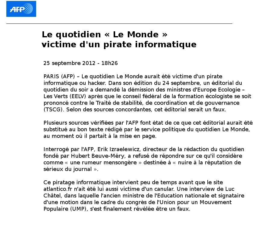 Exclusif : le quotidien « Le Monde » victime d’un hacker selon l’AFP