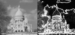 Le filtre de Sobel appliqué à une photographie de la basilique du Sacré Coeur