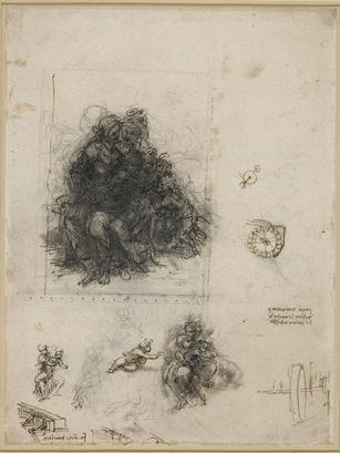 Études de sainte Anne trinitaire avec saint Jean-Baptiste, dessins de machines. Vers 1500.