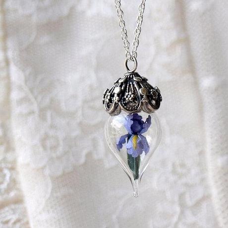 Terrarium Necklace Purple Iris Flower Glass Vial