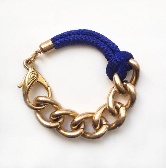 SE Bon Voyage Rope Bracelet: Cobalt Blue / Olympic Blue Rope Bracelet With Chunky Golden Chain