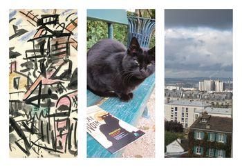 de gauche à droite : 1/ Le Moulin de la Galette, toile de Gen Paul - 2/ pensée de chat noir : ah c'est malin ! - 3/ vue sur le Lapin Agile