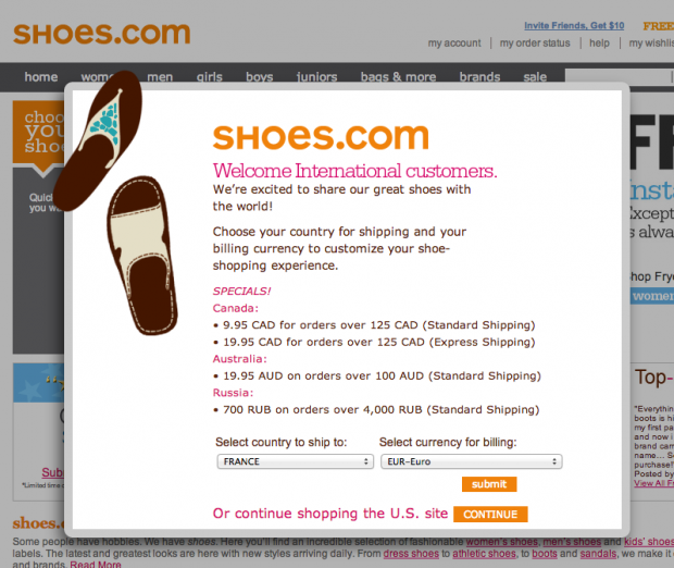 shoes.com web redirection selon le pays