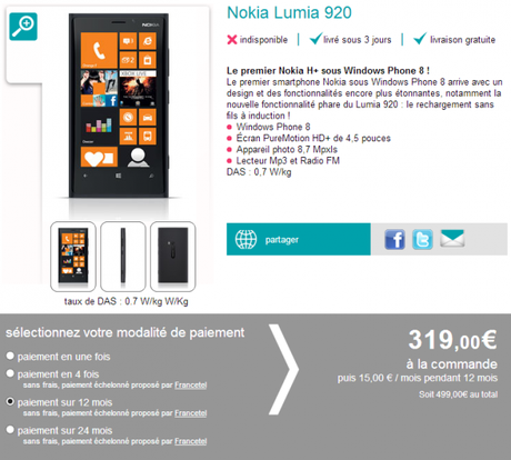 Le Nokia Lumia 920 disponible chez Sosh à 500€