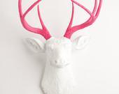 Faux Taxidermy - The Boris - White W/ Pink Antlers Resin Deer Head- Stag Resin White Faux Taxidermy
