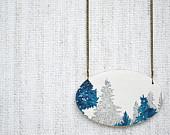 Treeline Vignette Necklace - hand painted blue and white wooden pendant on brass chain