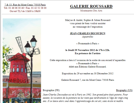Galerie ROUSSARD   exposition Jean-Charles DECOUDUN  aquarelles « promenades à Paris »
