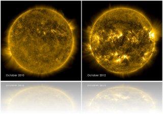 Comparaison de deux images du Soleil prises à la même période mais à deux ans d'écart par le télescope SDO. À gauche, on observe un Soleil relativement calme. Tandis qu'à droite, on voit un Soleil avec une atmosphère nettement plus variée et active. Credit: NASA/SDO 