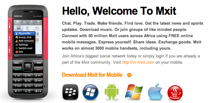 Home page du site internet de Mxit - Mxit's web site home page