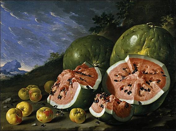 luis egidio melendez pastèques et pommes dans un paysage