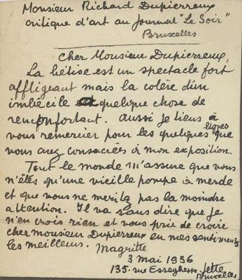 Art : La lettre de René Magritte à Richard Dupierreux critique d'art et farouche opposant au Surréalisme