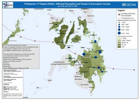 Le typhon « Pablo » a provoqué plus de 340 000 évacuations sur l’ile de Mindanao, Carte OCHA