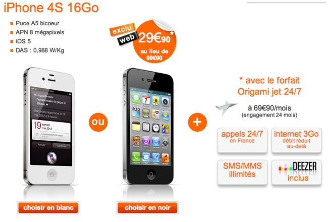 Orange propose pour un temps limité l'iPhone 4S à 29.90 €...