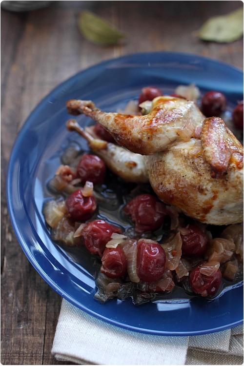 Cailles dorées au sirop dérable et griottes