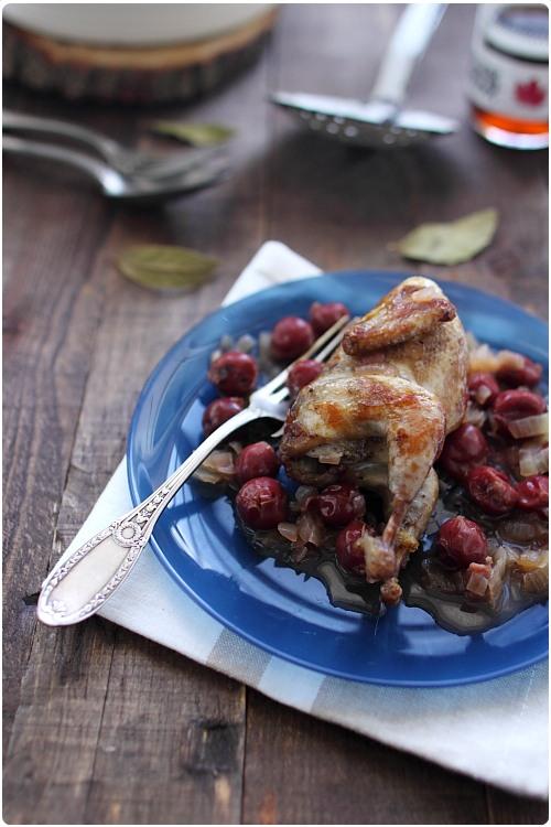 Cailles dorées au sirop dérable et griottes