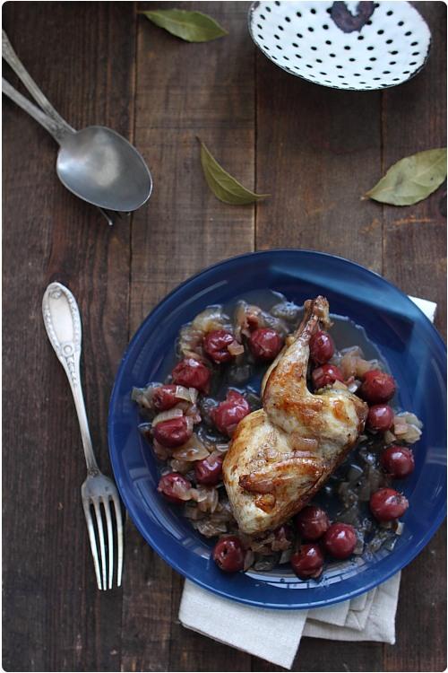 Cailles dorées au sirop dérable et griottes