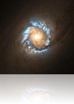 Photographie de la région où les étoiles naissent, autour du noyau de la galaxie NGC 1097, prise par le télescope spatial Hubble. Crédit photo : NASA/ESA/Hubble 2008