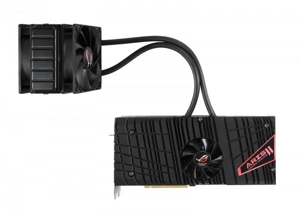PR ASUS ROG ARES II graphics card with fan block and liquid cooling tube