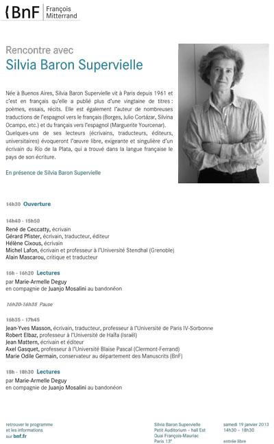 Silvia Baron Supervielle à la BnF. Samedi 19 janvier de 14h30 à 18h30