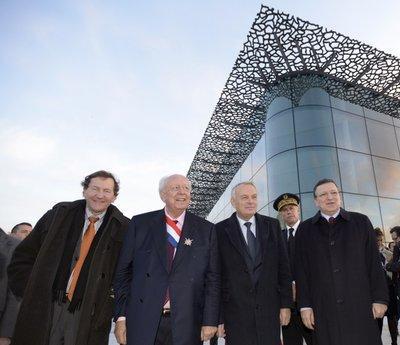 Jacques Pfister, Jean-Claude Gaudin, Jean-Marc Ayrault et José Manuel Barroso hier, devant le Mucem. ; le 13/01/2013 06:00