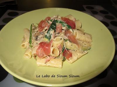 Penne aux courgettes au duo de jambon