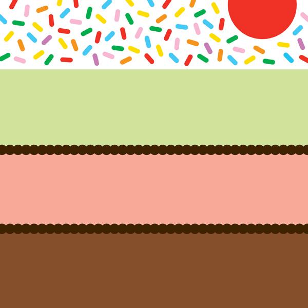 Gâteau à la crème glacée, fait maison. Couches de pistache, fraise et crème glacée au chocolat avec des croquants au chocolat, bonbons arc-en-ciel, et une cerise au marasquin sur le dessus.© Erin Jang