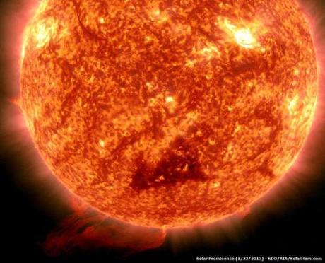 En vidéo, éruption solaire en direction de Mercure Grande protuberance du 23 janvier 2013 (image SDO)