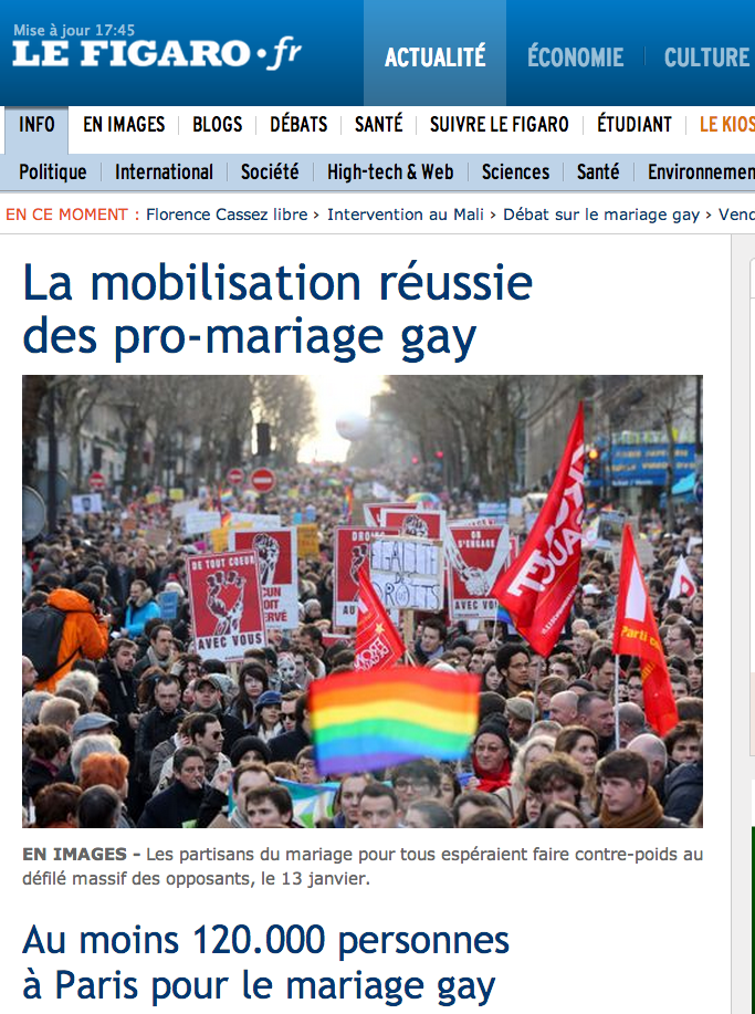 Succès de la Manifestion pro Mariage pour Tous Une du Figaro