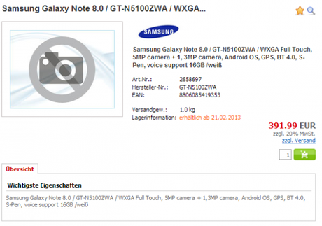 Un prix pour la Samsung Galaxy Note 8.0 ?