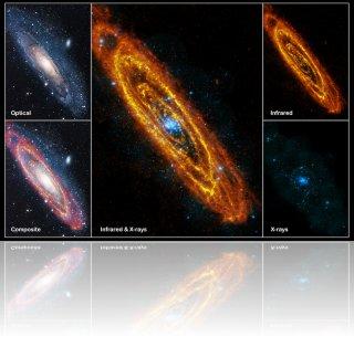 Ensemble d'images montrant la galaxie d'Andromède dans différents modes d'observations. Ces images montrent toutes les étapes du cycle de vie stellaire. L'image infrarouge prise par le télescope spatial Herschel montre des zones de poussières froides où se forment les étoiles. L'image optique, elle, montre des étoiles adultes. Tandis que l'image aux rayons X prise par le télescope spatial XMM-Newton montre la fin de l'évolution stellaire. Crédit image : infrared: ESA/Herschel/PACS/SPIRE/J. Fritz, U. Gent; X-ray: ESA/XMM-Newton/EPIC/W. Pietsch, MPE; optical: R. Gendler