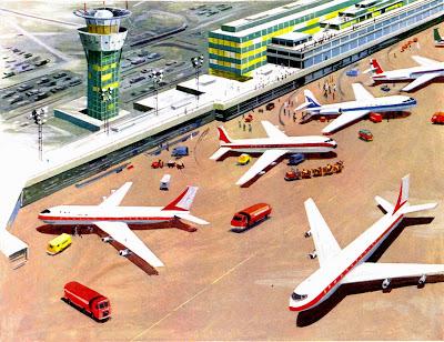 Sur les pistes du terrain d'aviation, atterissent et décollent les appareils à hélice ou à réaction