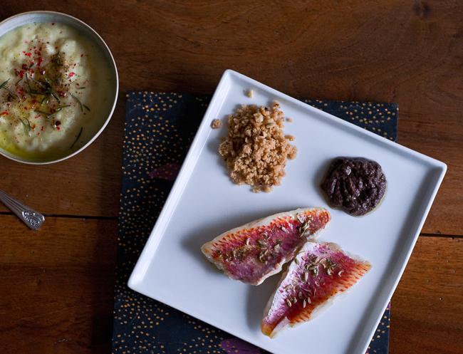 Filets de rougets à la tapenade & purée à l'huile d'olive