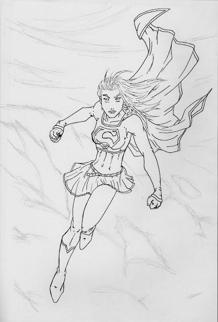 Dessin crayonné et encré de Super Girl la cousine de Superman.