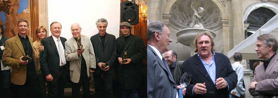 Photo de gauche : François Boucq, Sylvie et Albert Uderzo, Tibet, Baru et Steve Cuzor (Prix Albert Uderzo 2006) ; photo de droite : Albert Uderzo, Gérard Depardieu et Adamo (2007)