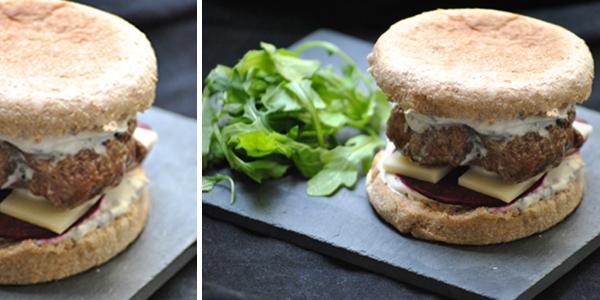 Burger d'agneau, crème fouettée à la menthe et betterave