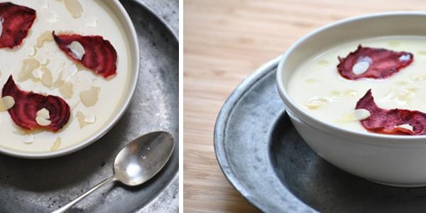 Velouté de céleri-rave aux amandes & chips de betterave
