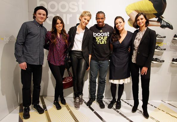 Nikki Reed (L-R) Actor Anton Yelchin, Actress Nikki Reed, Actress Maggie Grace, Olympic Medalist Yohan Blake, Actress Rosari Dawson and Actress Morena Baccarian and attend the unveiling of the adidas Energy Boost sneaker at the Jacob K. Javits Convention Center on Febuary 13, 2013 in New York City.