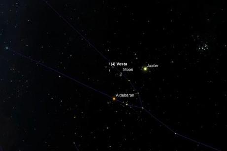 La Lune en conjonction avec Jupiter puis Aldebaran (oeil du taureau) et l'astéroïde Vesta