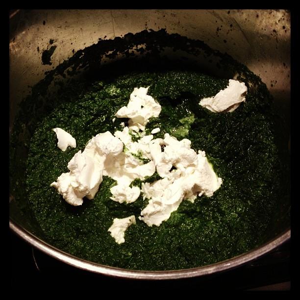 Croustillant épinards, roquette, chèvre frais et pignons