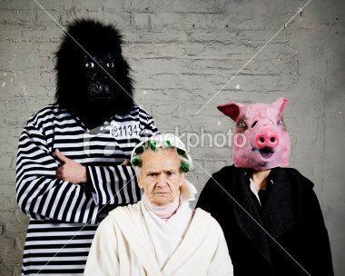 stock-photo-10527025-man-and-women-in-gorilla-pig-costume-or-old-lady