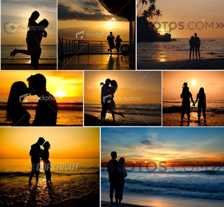 couples silhouetted on the beach at sunset