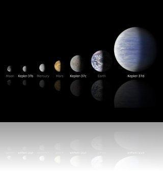 Comparaison de vues d'artistes des planètes orbitant autour de Kepler-37 par rapport aux planètes du Système Solaire. La plus petite planète, Kepler-37b, est légèrement plus grande que notre Lune, mesurant environ un tiers de la taille de la Terre. Kepler-37c, la deuxième planète, est légèrement plus petite que Vénus, mesurant près de trois quarts de la taille de la Terre. Kepler-37d, la troisième planète, est le double de la taille de la Terre. Crédit image : NASA/Ames/JPL-Caltech